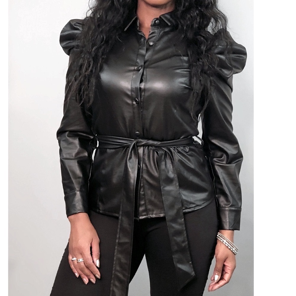 Puff Sleeve Faux Leather Top